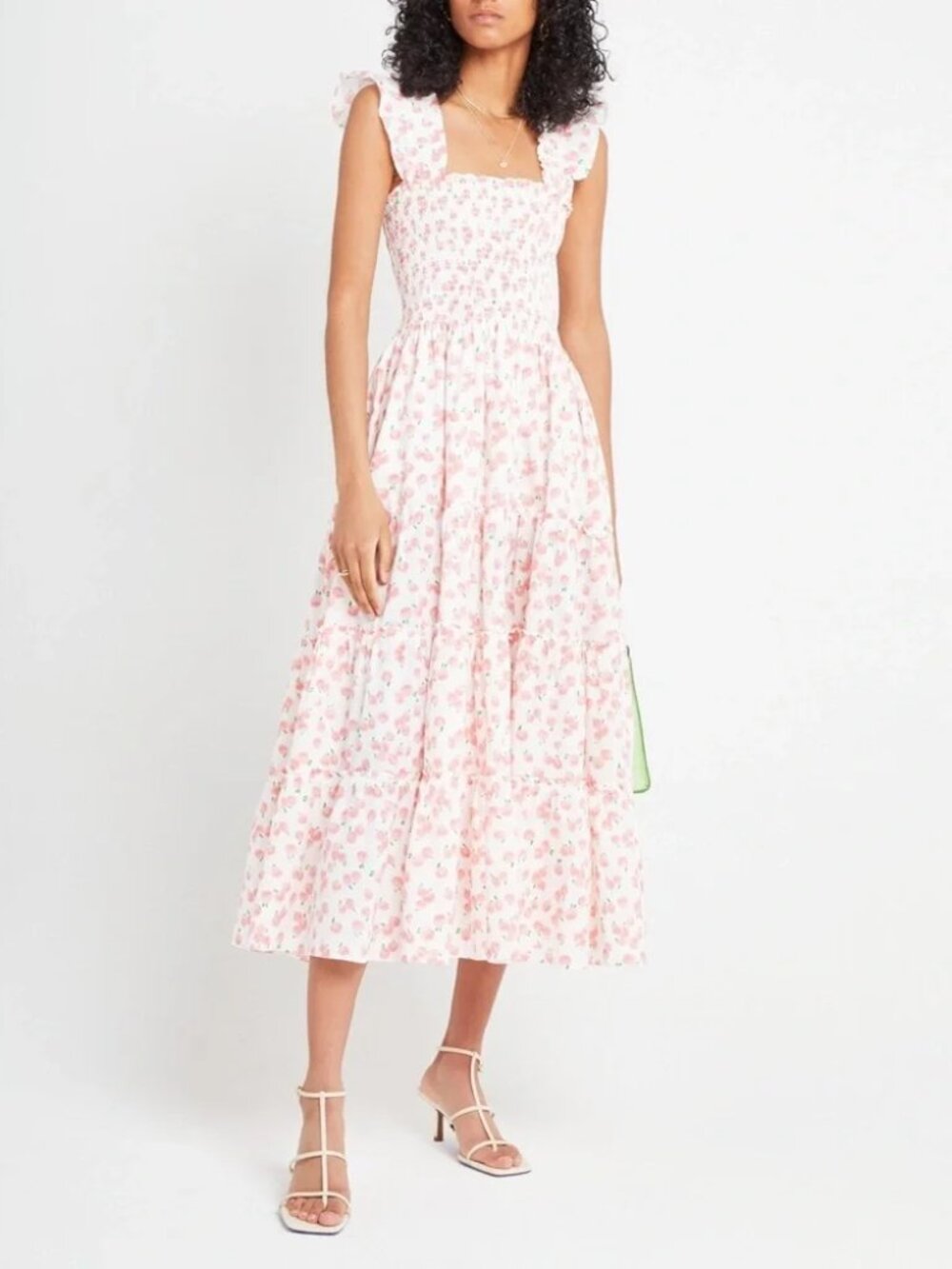 Kourt Calypso Printed Cherries Pink & White Tiered Maxi Dress